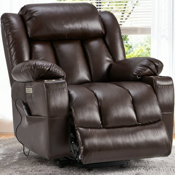 Power Lift Recliner Leather Chair Sofa with Massage & Heat, Lazy Boy Chair with Cup Holders, USB & Type-C Ports, Remote Control-Brown