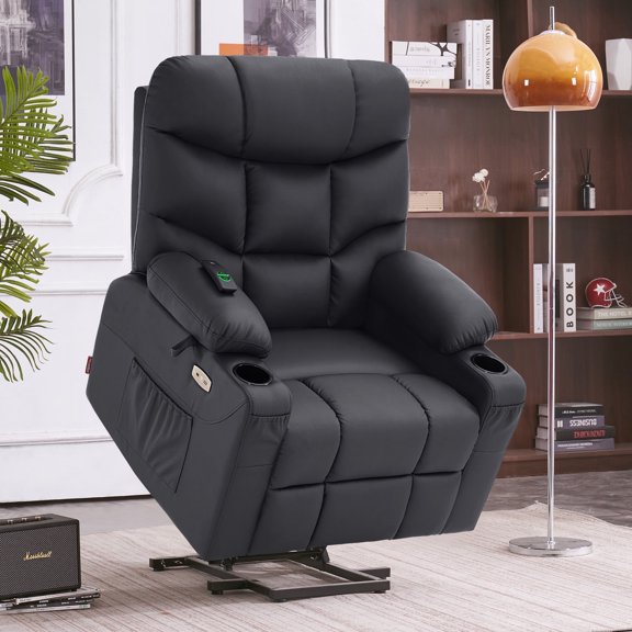 MCombo Power Lift Recliner Chair with Extended Footrest for Elderly, Faux Leather(Black)
