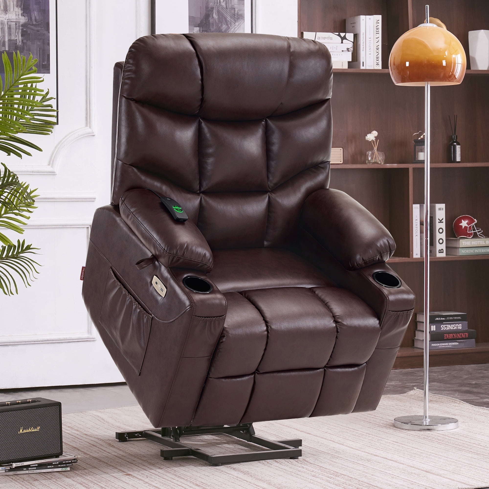 MCombo Power Lift Recliner Chair with Extended Footrest for Elderly, Faux Leather(Dark Brown)