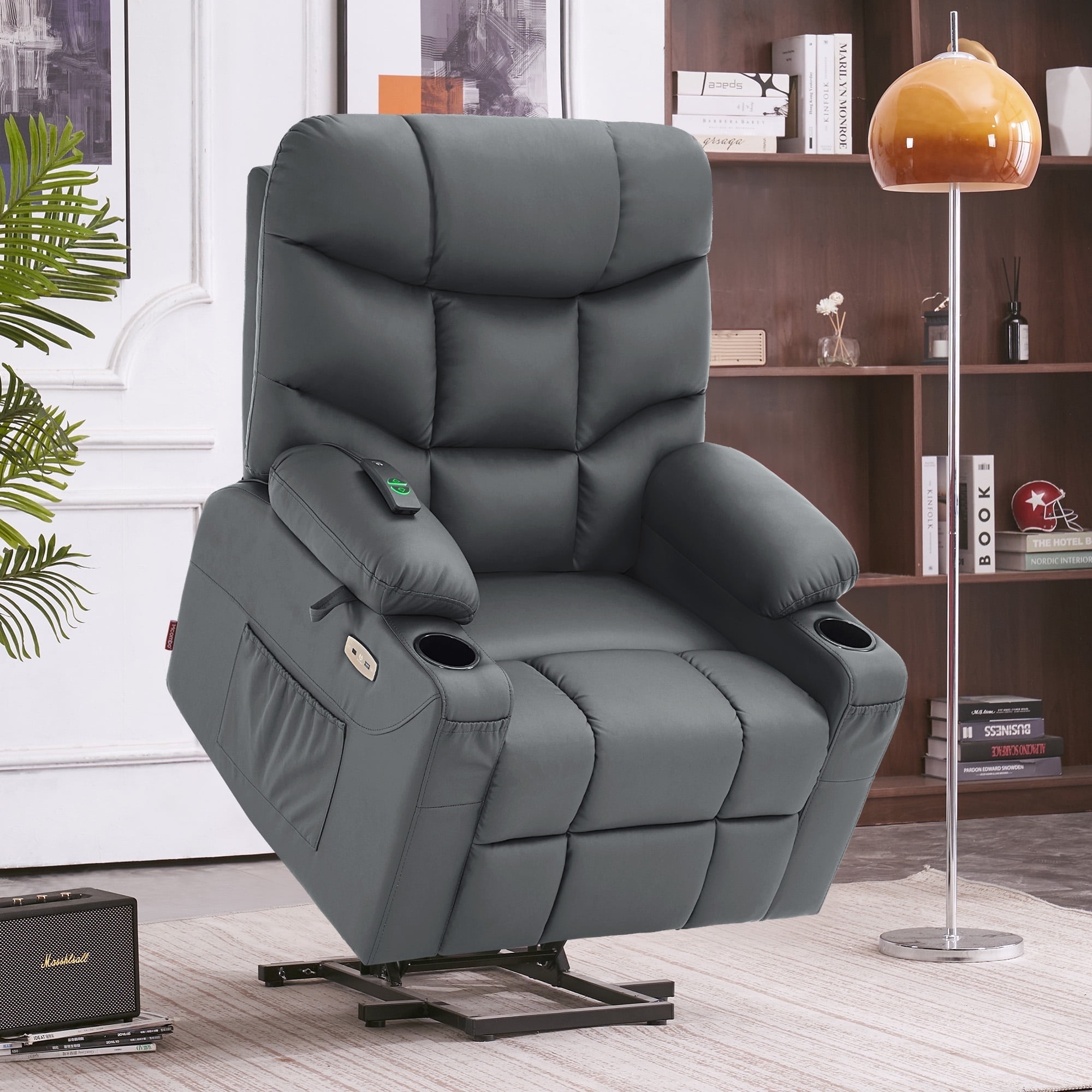 MCombo Power Lift Recliner Chair with Extended Footrest for Elderly, Faux Leather(Dark Grey)