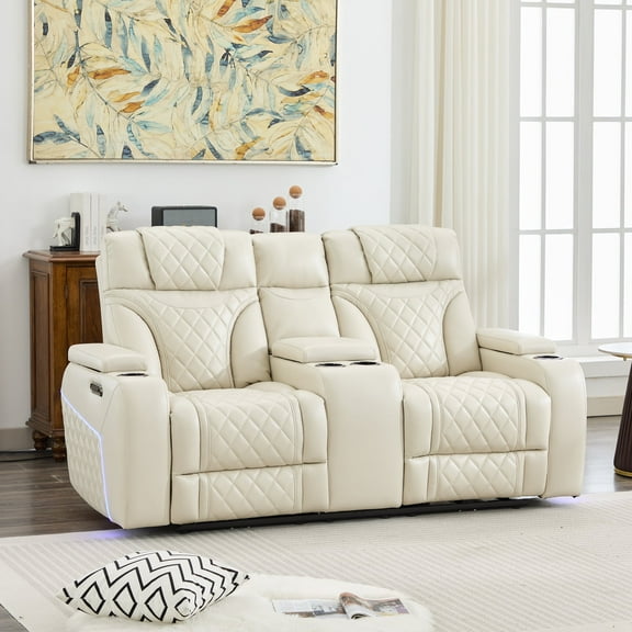 Power Loveseat Recliner Chair Sofa with Adjustable Headrest for Living Room Faux Leather Electric Home Theater Seating Doubler Reclining Sofa with Hidden Arm Storage,LED Lights,USB Port,Cup Holders