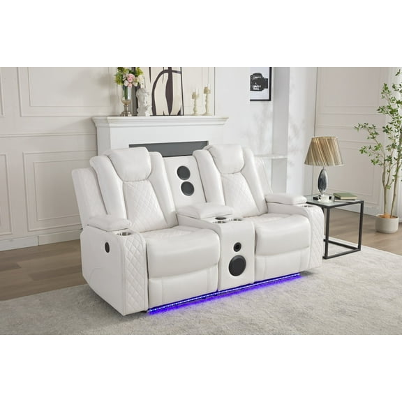 Power Loveseat Recliner Chair Sofa with Speaker for Living Room 2-Seat Gray Faux Leather Electric Home Theater Seating Doubler Reclining Sofa with Hidden Arm Storage,LED Lights,USB Port,Cup Holders