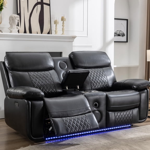 Power Loveseat Recliner Chair Sofa with Speaker for Living Room Faux Leather Electric 2 Seater Black Home Theater Seating Doubler Reclining Sofa with Hidden Storage,LED Lights,USB Port,Cup Holders