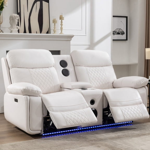 Power Loveseat Recliner Chair Sofa with Speaker for Living Room Faux Leather Electric 2 Seater White Home Theater Seating Doubler Reclining Sofa with Hidden Storage,LED Lights,USB Port,Cup Holders