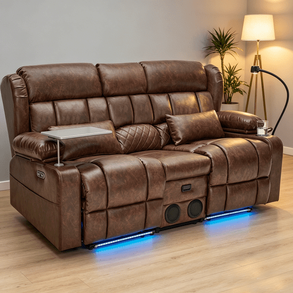 Power Loveseat Recliner Sofa with Console, Massage & Heat, LED Theater Seating with Bluetooth Speaker, USB Charging, Cup Holders, Storage, Tray Table & Cup Holder, Breathable Leather, Brown
