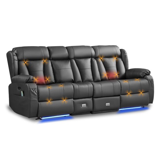 Power Loveseat Recliner Sofa with Flip Backrest,3 Seater Recliner Couch with Heat and Massage, Zero Wall Hugger Reclining Sofa with LED Light AC Outlets USB Ports for Living Room Home Theater