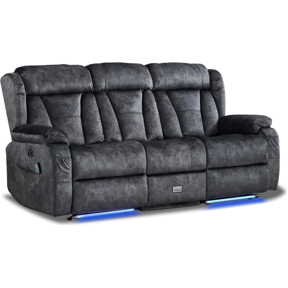 Power Loveseat Recliner Sofa with Flip Backrest,3 Seater Recliner Couch with Heat and Massage, Zero Wall Hugger Reclining Sofa with LED Light AC Outlets USB Ports for Living Room Home Theater 