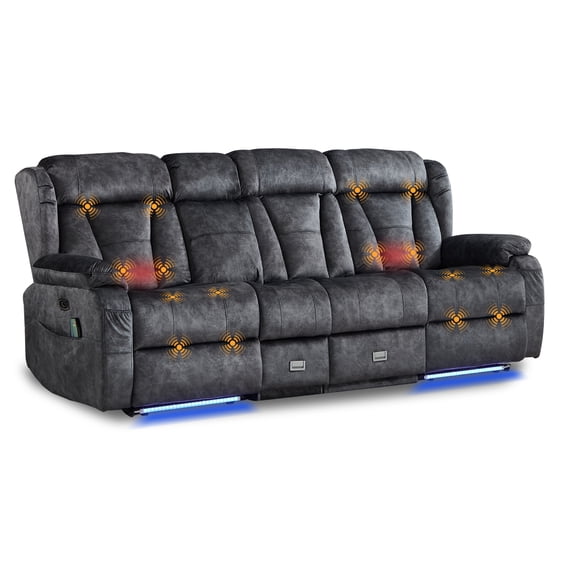 Power Loveseat Recliner Sofa with Flip Backrest,3 Seater Recliner Couch with Heat and Massage, Zero Wall Hugger Reclining Sofa with LED Light AC Outlets USB Ports for Living Room Home Theater