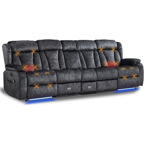 Power Loveseat Recliner Sofa with Flip Backrest,4 Seater Recliner Couch with Heat and Massage, Zero Wall Hugger Reclining Sofa with LED Light AC Outlets USB Ports for Living Room Home Theater