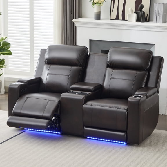 Power Loveseat Recliner Sofa, Home Theater Seating with Adjustable Headrest, Blue LED Lighting, Reclining Loveseat, Storage, Cup Holder, USB, Wireless Charging