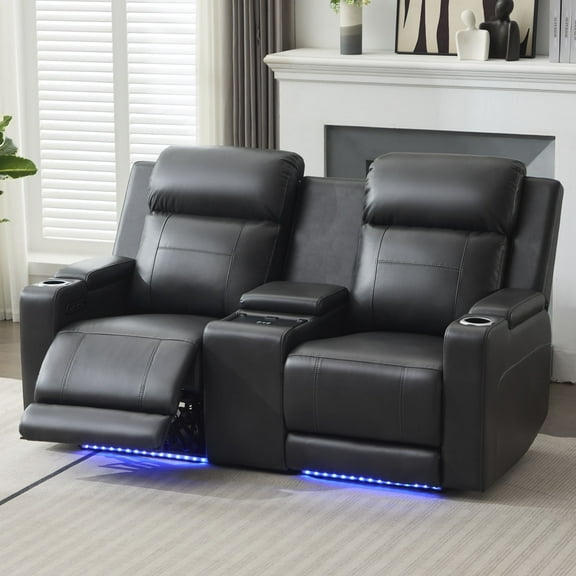 Power Loveseat Recliner Sofa, Home Theater Seating with Adjustable Headrest, Blue LED Lighting, Reclining Loveseat, Storage, Cup Holder, USB, Wireless Charging