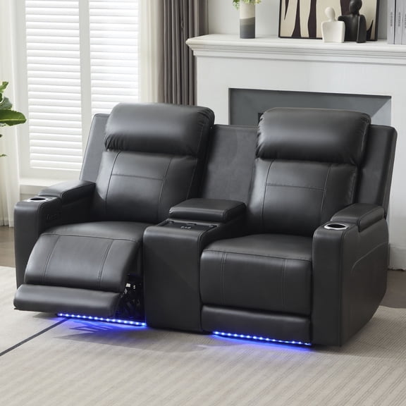 Power Loveseat Recliner Sofa, Home Theater Seating with Adjustable Headrest, Blue LED Lighting, Reclining Loveseat, Storage, Cup Holder, USB, Wireless Charging