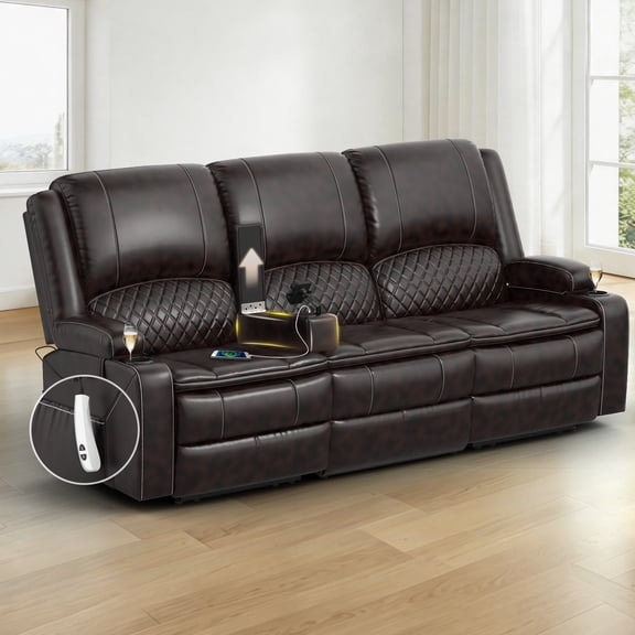 Power Loveseat Recliner Sofa for Living Room, 3 Seat Electric Reclining Sofa with USB and Storage, Wall Hugger Theater Seating for Small Spaces, PU brown