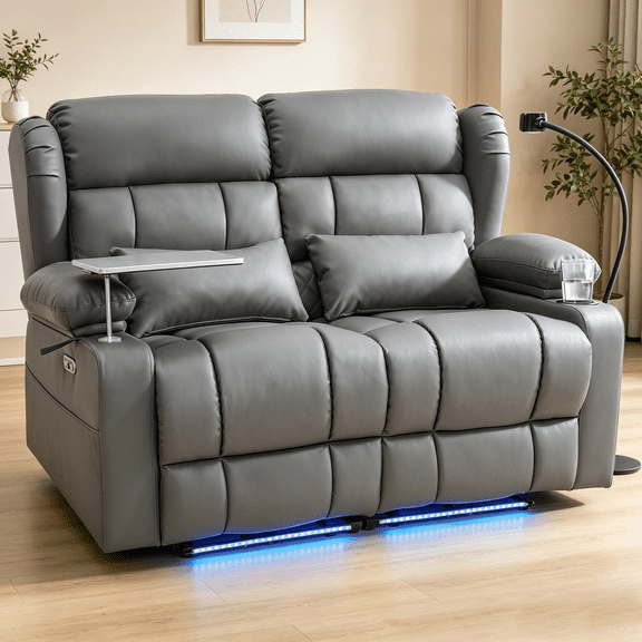 Power Loveseat Recliner Sofa with Massage & Heat, LED Theater Seating with USB & Type-C Charging, Hidden Storage, 360° Tray Table & Cup Holder for RV, Home Theater, Faux Leather, Gray