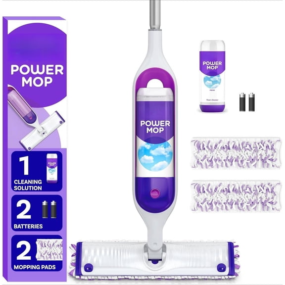 Power Mop Multi-Surface Mop Kit for Floor Cleaning, Includes Power Mop, 2 Mopping Pad Refills, 1 Cleaning Solution with Fresh Scent and 2 Batteries