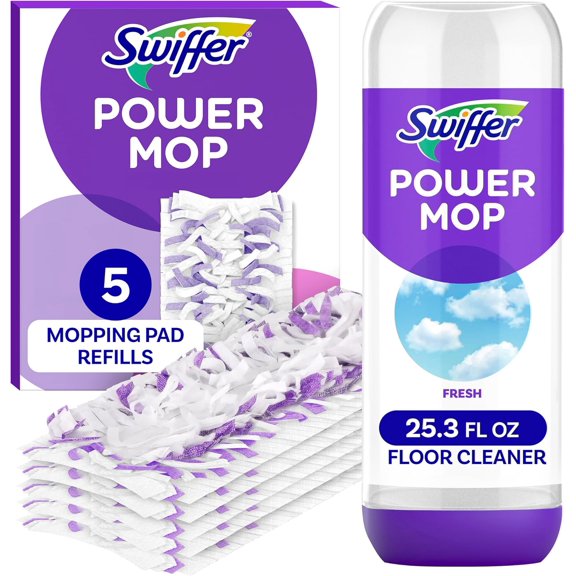 Power Mop Refill Pack, Floor Cleaner for Mopping Tile, Vinyl, Laminate, Wood in Home, Bathroom, Kitchen, All Purpose Multi-Surface Cleaning, 5 Pads + 1 Lavender Solution