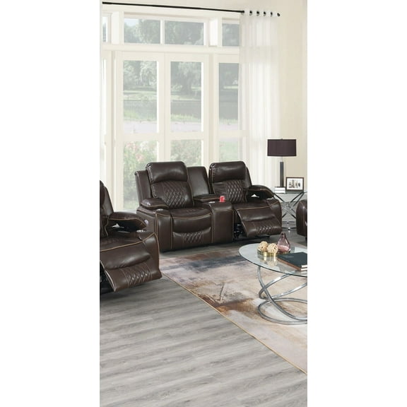 Power Motion 1pc Reclining Loveseat w Cup Holder Console Brown Gel Leatherette Living Room Couch