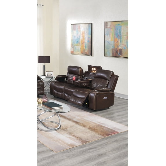Power Motion 1pc Reclining Sofa w Drop Down Console Brown Gel Leatherette Living Room Plush Couch