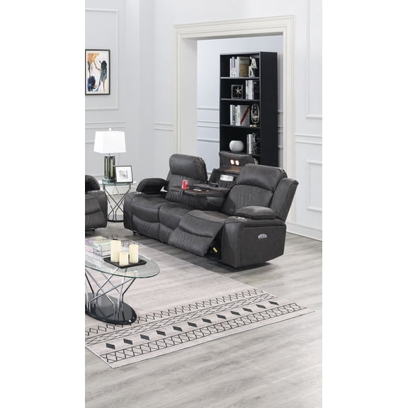Power Motion 1pc Reclining Sofa w Drop Down Console Charcoal Gel Leatherette Living Room Plush Couch