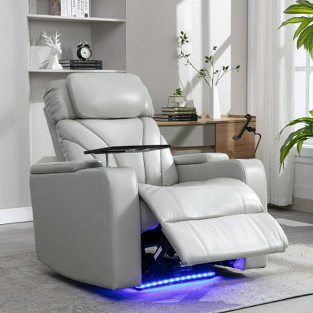 Power Motion Recliner Chair with Bluetooth Speaker, Electric Recliner with USB Charging, Hidden Storage, Cup Holder and LED Lights, Light Grey