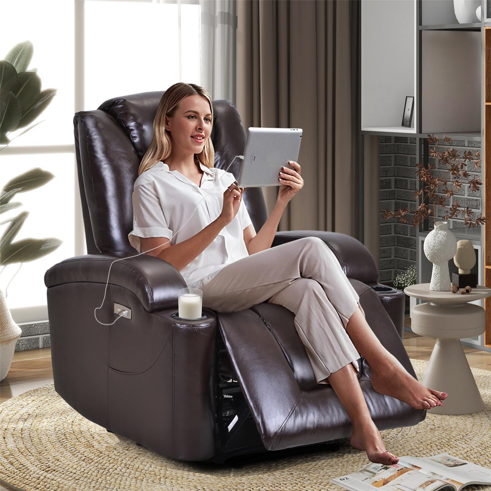 UR livingroom Genuine Leather Dual Power Recliner Chair with Adjustable  Headrest,USB C Charger,Type C Port (Hubert, Brown)