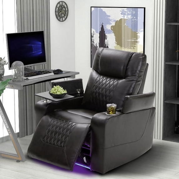 Power Motion Recliner with USB Charging Port and Hidden Arm Storage 2 Convenient Cup Holders Design and 360° Swivel Tray Table,Black