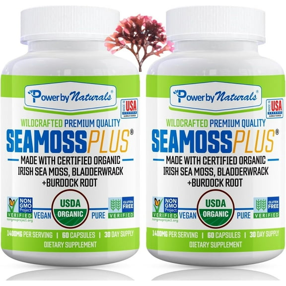 Power By Naturals USDA Certified Organic Sea Moss Capsules - Wildcrafted Irish Sea Moss with Bladderwrack & Burdock Root, Immune Support Supplement, 60 Count (2 Pack)