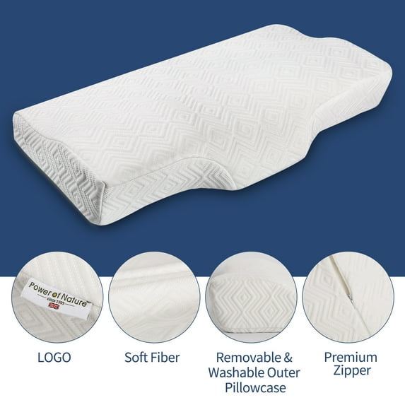 Power of Nature Contour Memory Foam Pillow Orthopedic Sleeping Pillows Ergonomic Cervical Pillow for Neck Pain for Side Sleepers Back and Stomach Sleepers with Premium Pillowcase