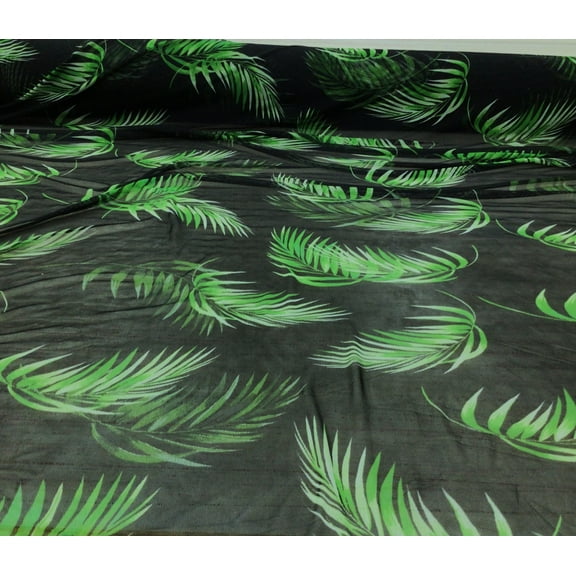 Power Net Stretch Mesh Nylon Spandex Sheer Printed Tropical Green Leaves Z511