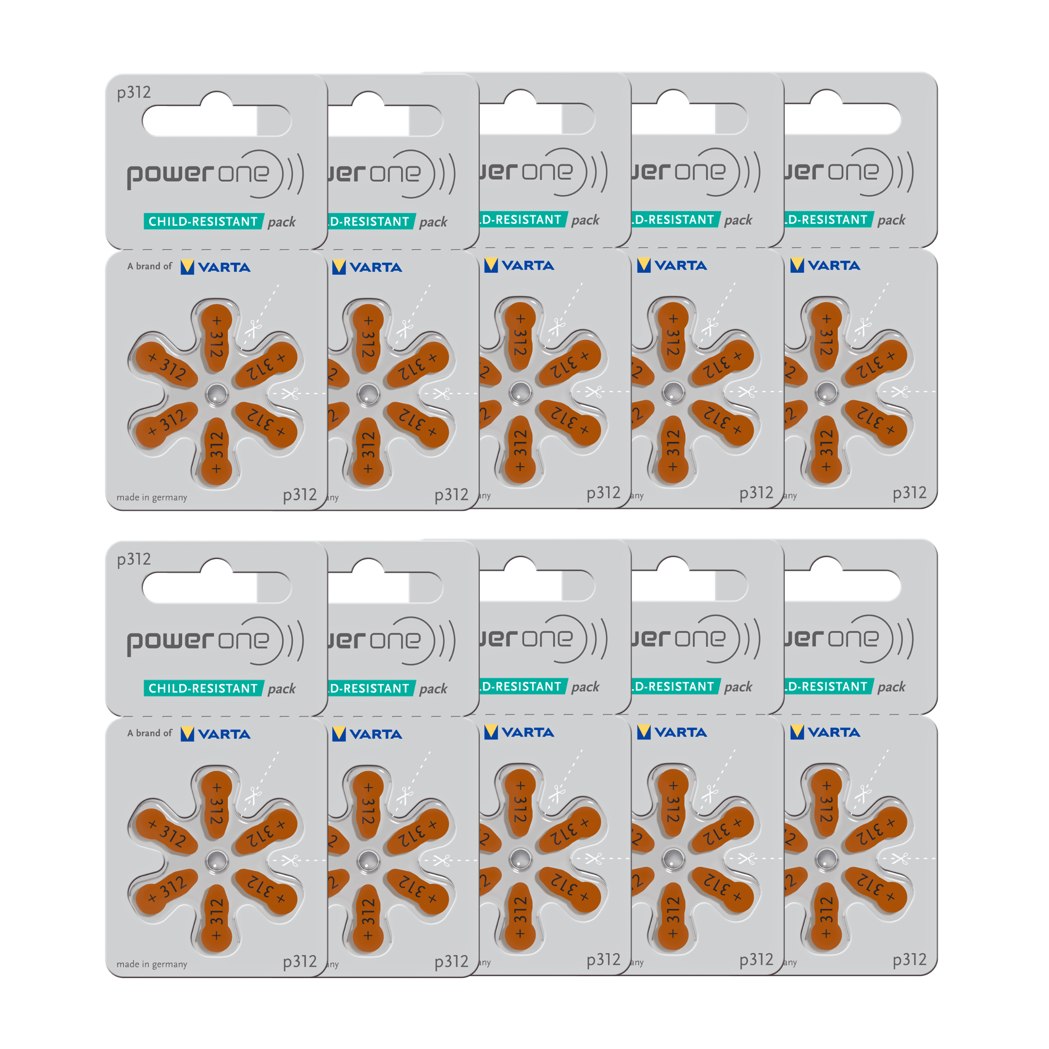 Power-One Hearing Aid Battery Size 312 Made in Germany Genuine 60 Batteries