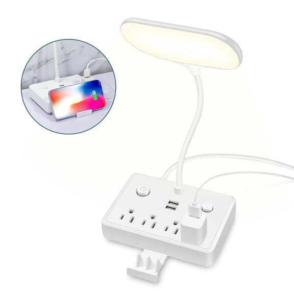 Power Outlet with Dimming Night Light Desk Light, LED Desk Lamp 3 Lighting Modes Desktop Charging Extension Lead 4 AC Power Outlet and 2 USB Charging Ports for Travel Home Office, White