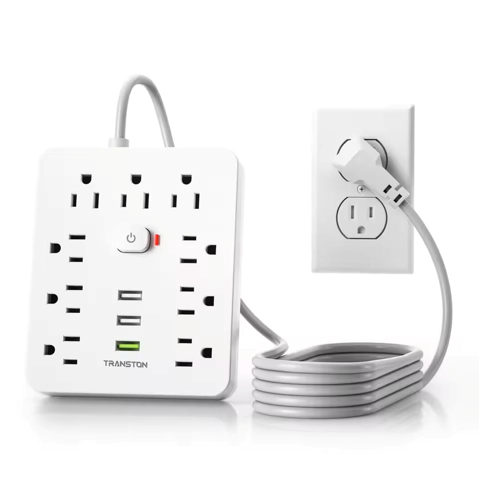 Power Outlet with Surge Protector, 9 sockets 3 USB Ports,5ft Extension Cord, Quick Charge, For Home and Office,White