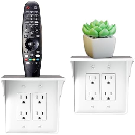 Power Perch Double Wall Outlet Shelf with Cord Storage Strap - Declutter & Reclaim Bathroom Counter Space - Alexa Stand, Apple Homepod Shelf, Toothbrush Holders Wall Mounted - White, 2-Pack
