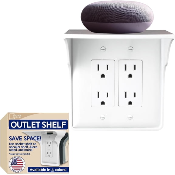 Power Perch Double Wall Outlet Shelf with Cord Storage Strap - Declutter & Reclaim Bedroom Counter Space - Alexa Stand, Apple HomePod Shelf, Toothbrush Holder for Bathroom - White, 1-Pack