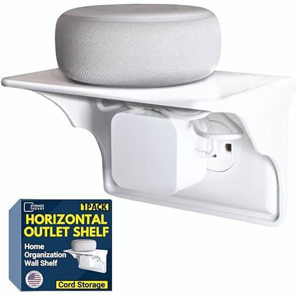 Power Perch Horizontal Wall Outlet Shelf with Cord Storage Strap - Declutter & Reclaim Bathroom Counter Space - Alexa Stand, Apple Homepod Shelf, Toothbrush Holders Wall Mounted - White, 1-Pack