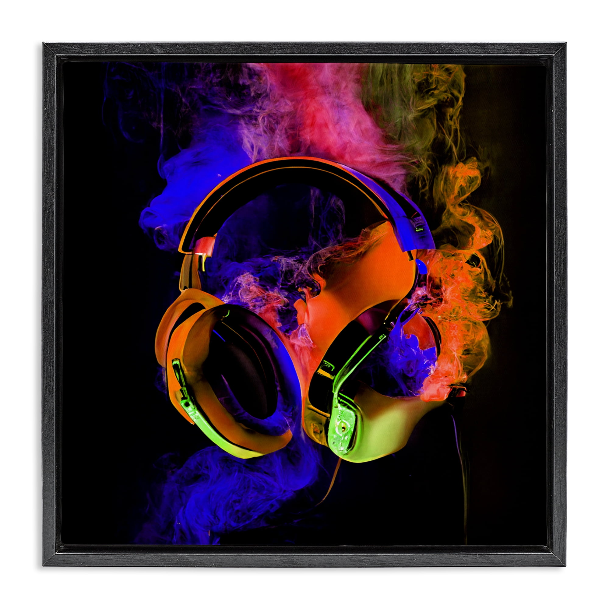 Power Play Headphones Black Framed Floater Canvas Wall Art, design by Sasha