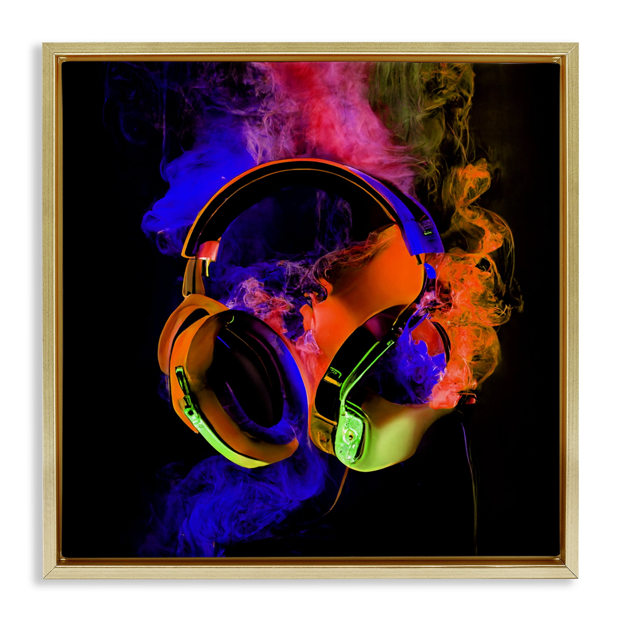 Power Play Headphones Gold Framed Floater Canvas Wall Art, design by Sasha