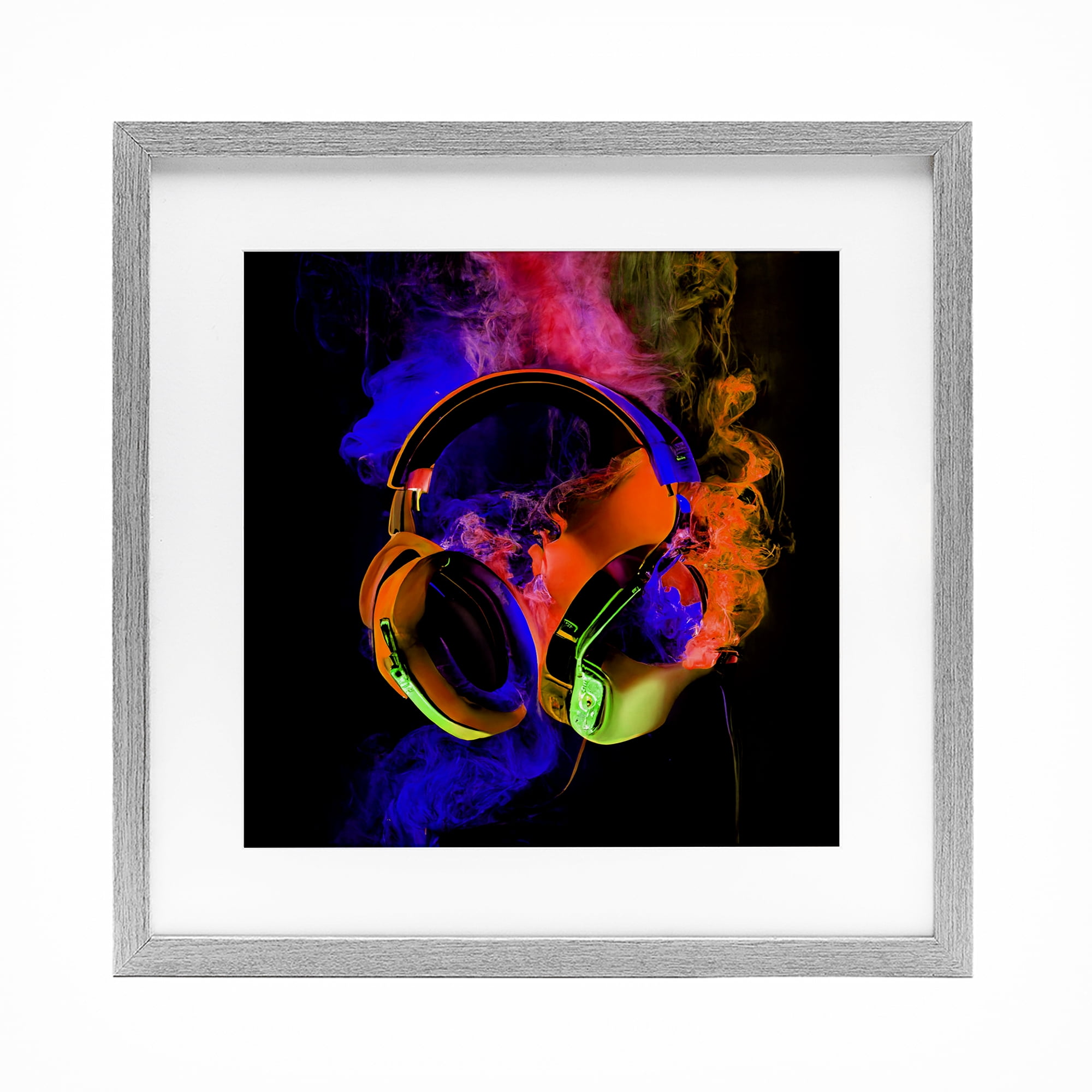 Power Play Headphones Gray Framed Print Under Glass, design by Sasha