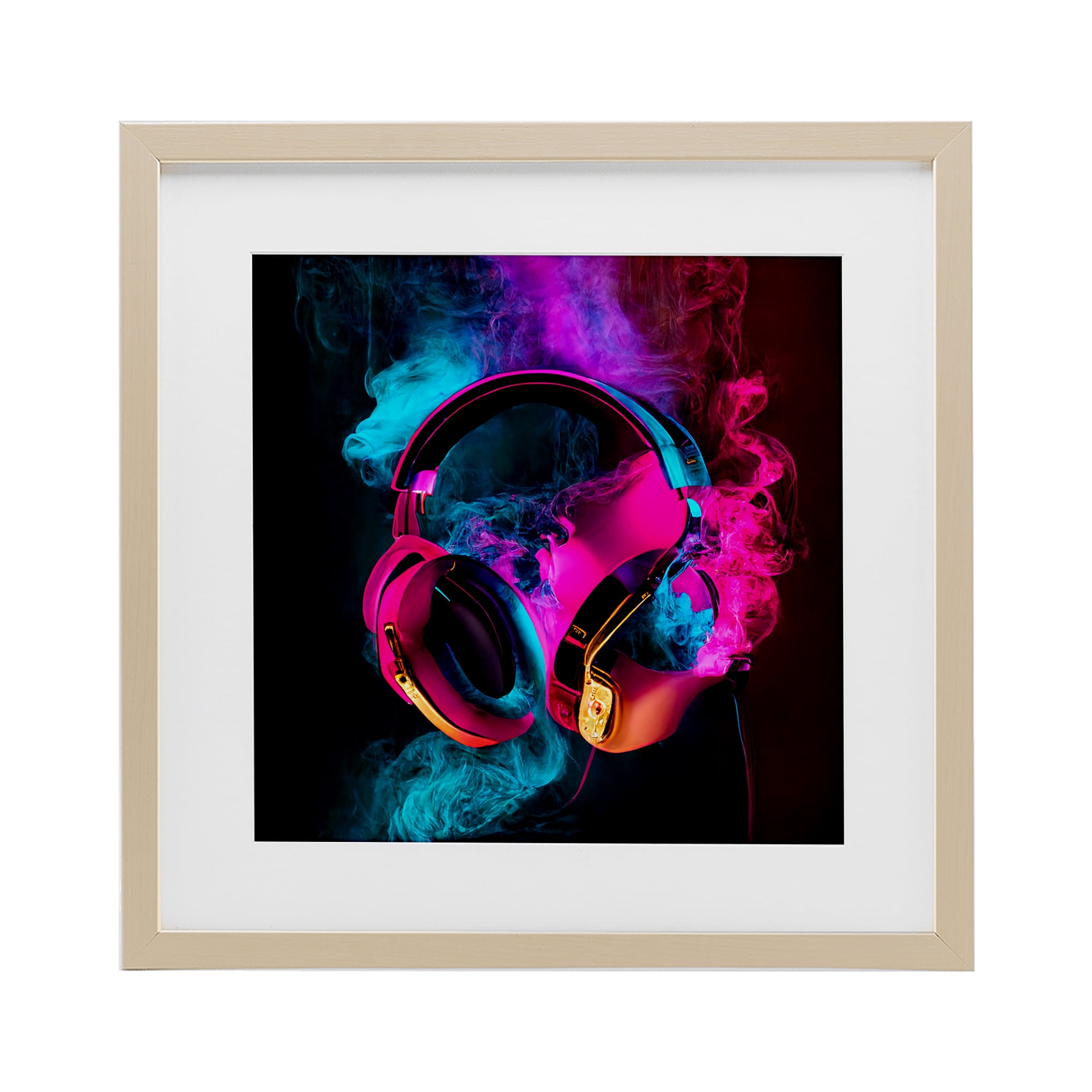 Power Play Pink & Blue Headphones Birch Framed Print Under Glass, design by Sasha