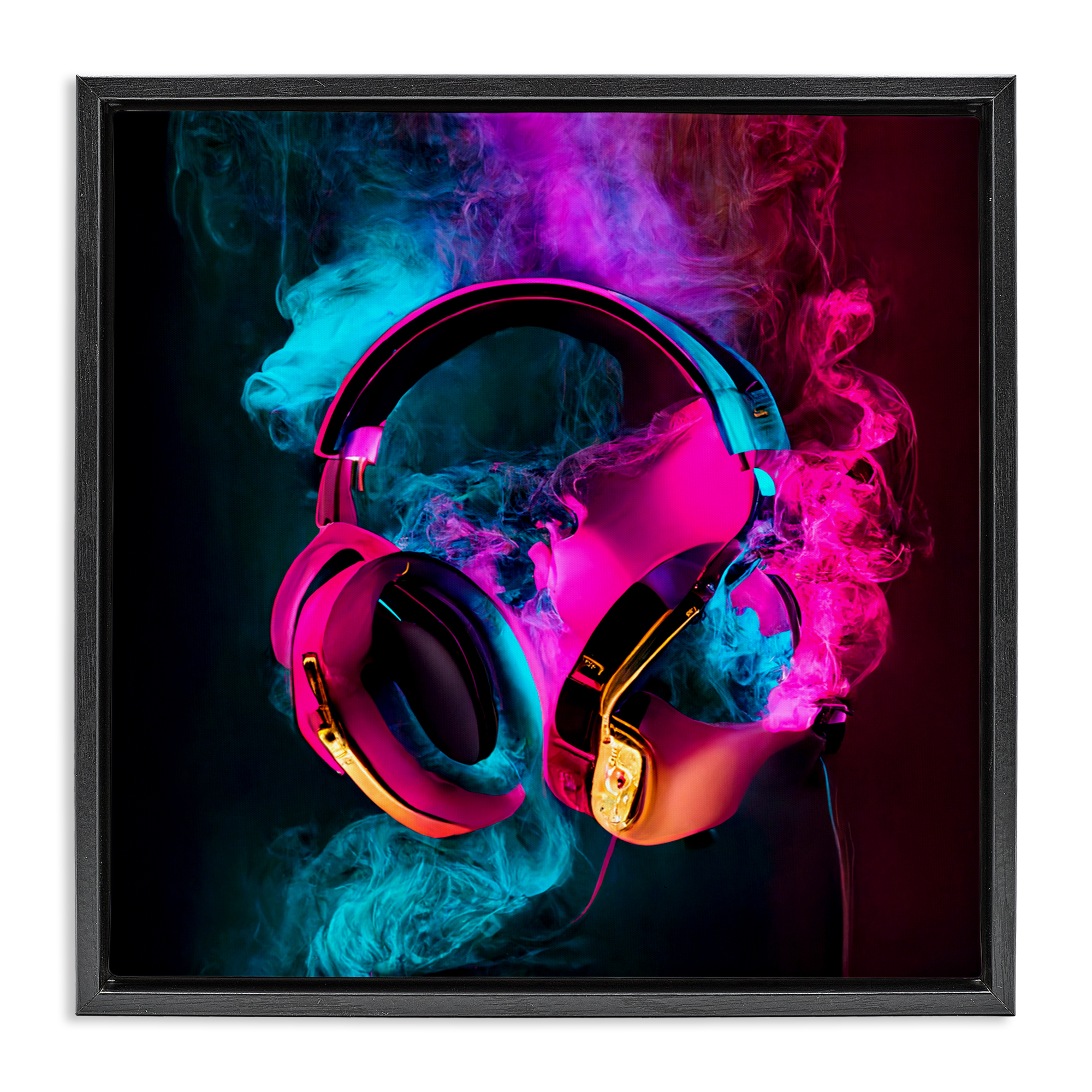 Power Play Pink & Blue Headphones Black Framed Floater Canvas Wall Art, design by Sasha