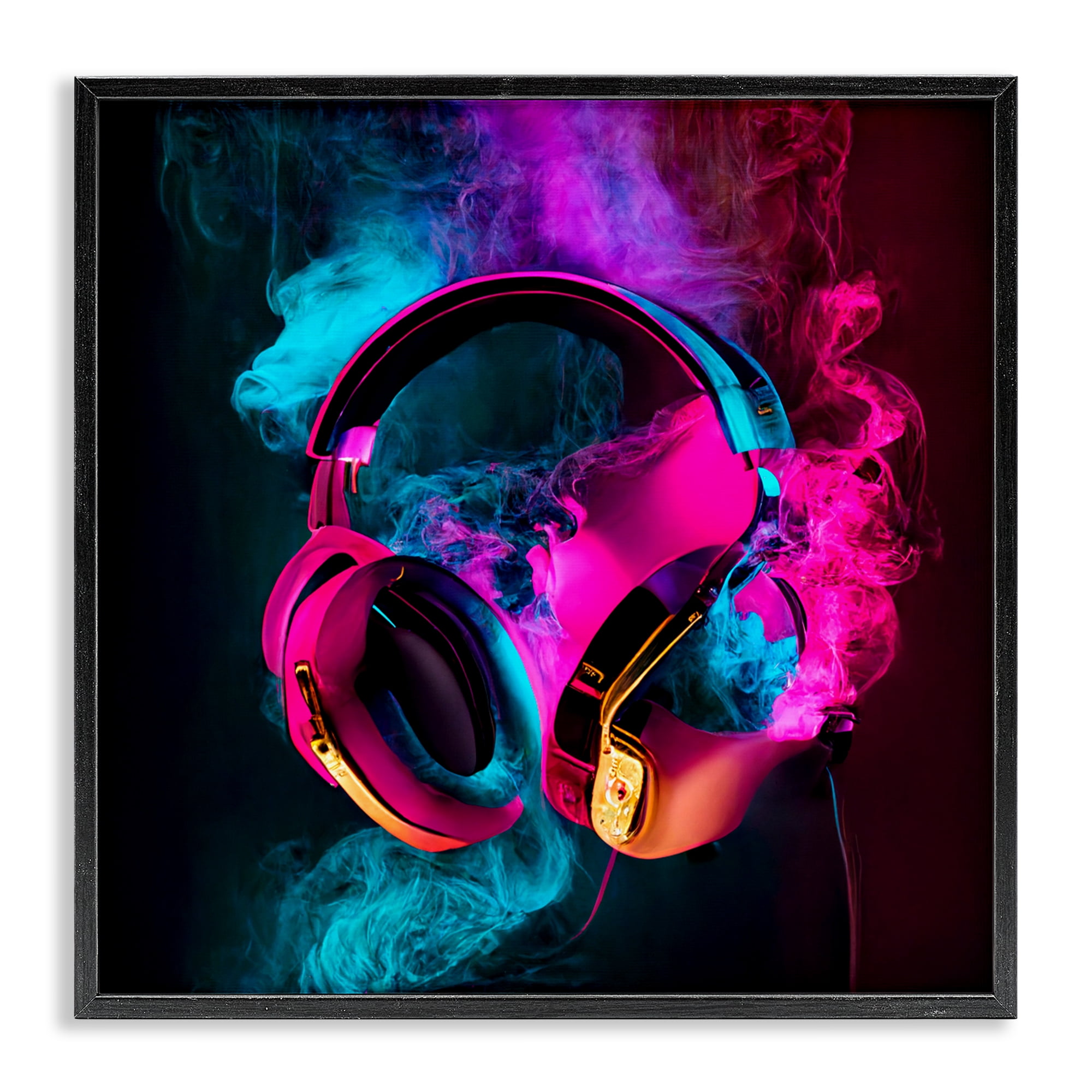 Power Play Pink & Blue Headphones Black Framed Giclee Art, design by Sasha