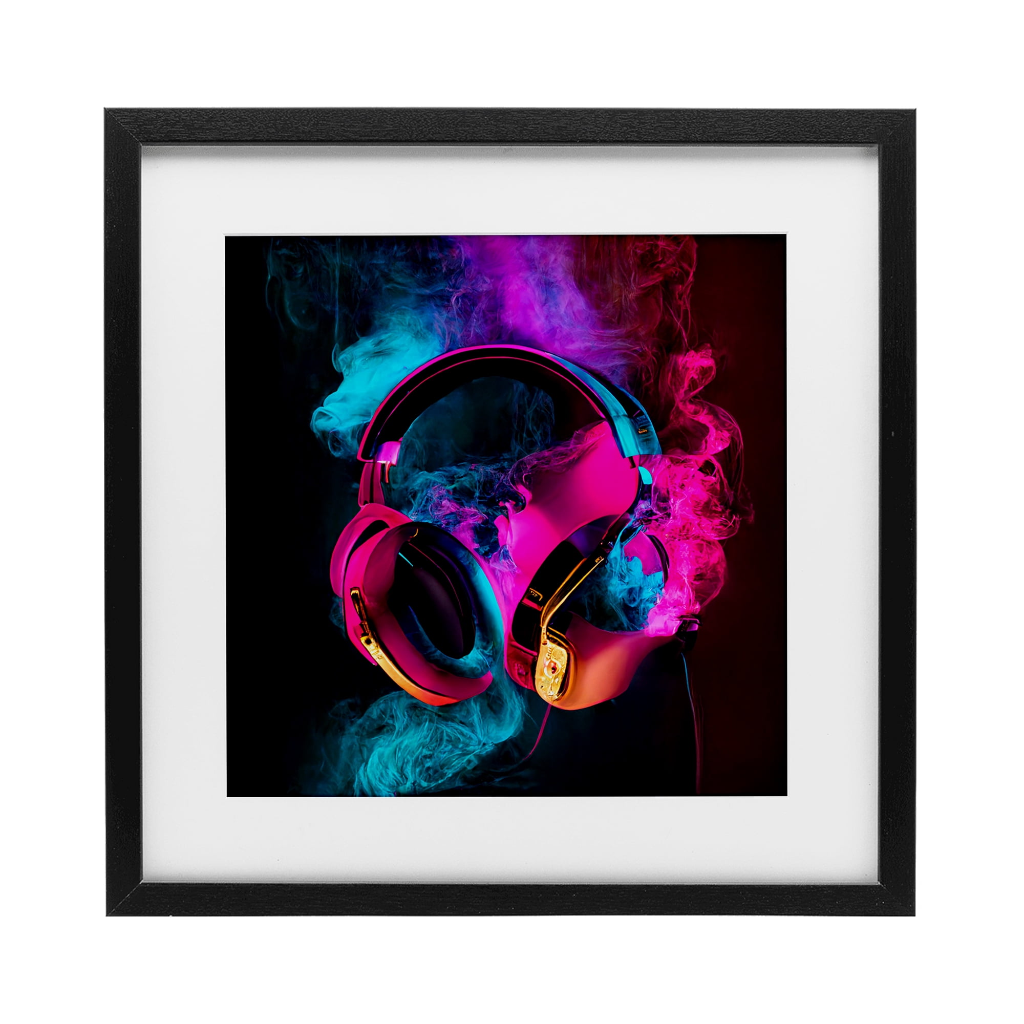Power Play Pink & Blue Headphones Black Framed Print Under Glass, design by Sasha