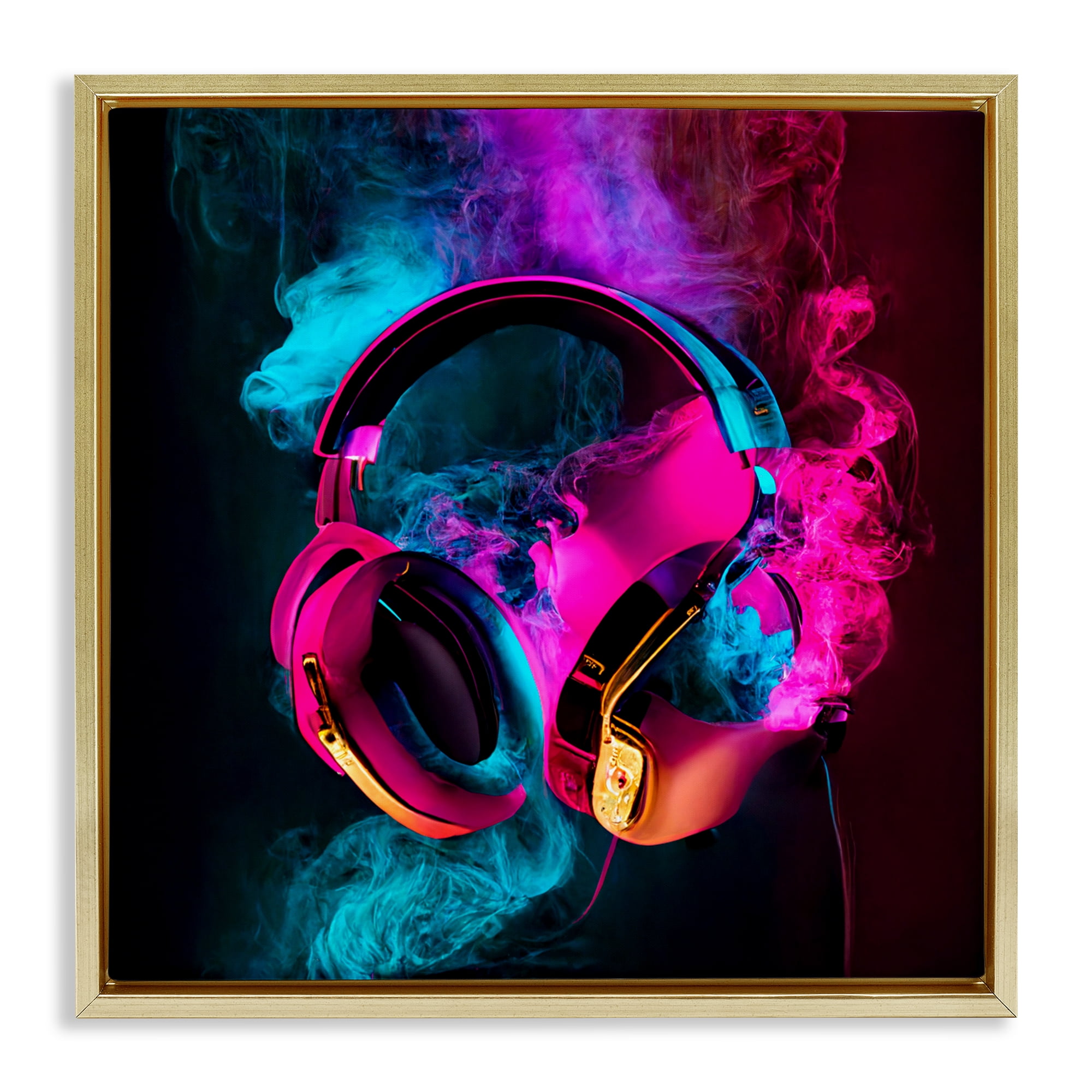 Power Play Pink & Blue Headphones Gold Framed Floater Canvas Wall Art, design by Sasha