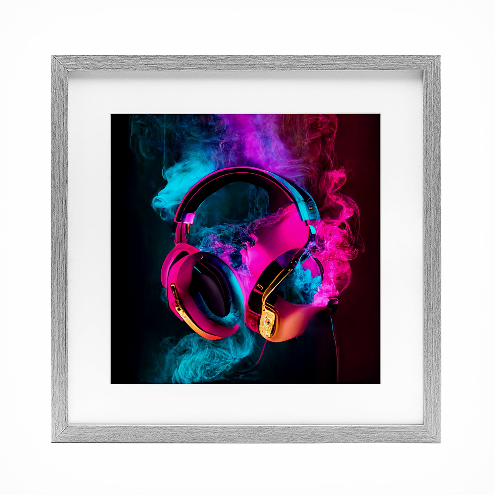 Power Play Pink & Blue Headphones Gray Framed Print Under Glass, design by Sasha