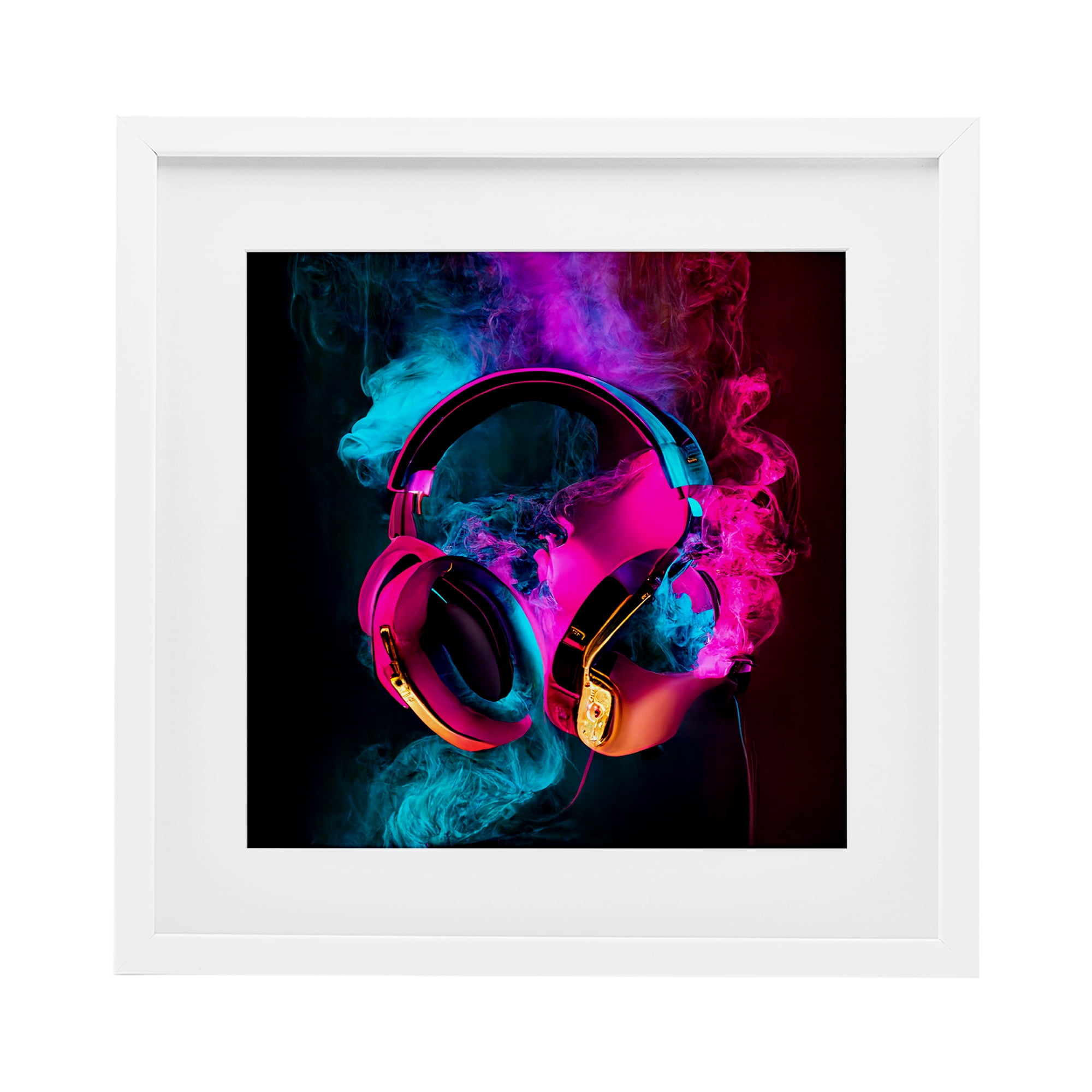 Power Play Pink & Blue Headphones White Framed Print Under Glass, design by Sasha