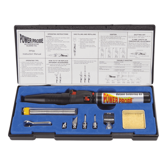 POWER PROBE Butane Soldering Kit (PPSK) [Automotive Diagnostic Car Test Tool, Easy Start Electronic Ignition, Adjustable Flame, with Multiple Tips, Black
