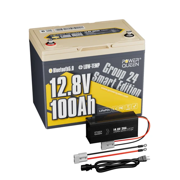 Power Queen 12V 100Ah Smart Group 24 Bluetooth Lithium Battery with 14.6V 20A LiFePO4 Charger For RV Camper Trailer