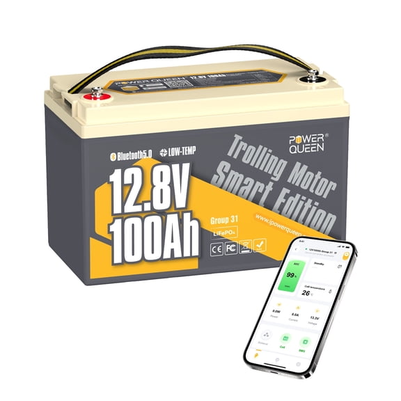 Power Queen 12V 100Ah Group 31 Bluetooth LiFePO4 Battery for Solar, RV ,Marine ,Camping,Off grid