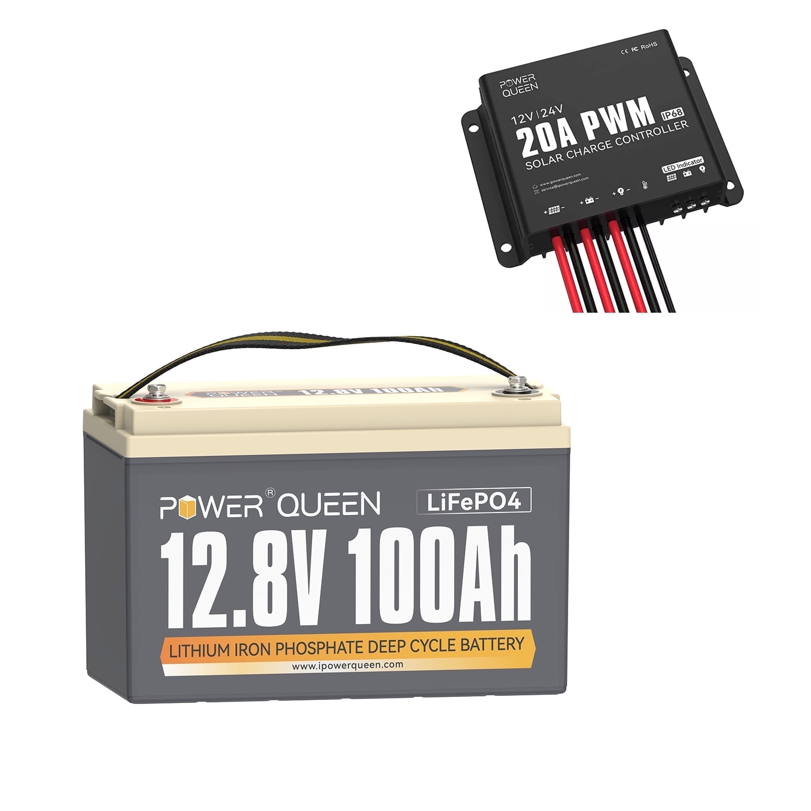 Power Queen 12V 100Ah Lithium Battery with 20A PWM Waterproof Solar Charger Controller
