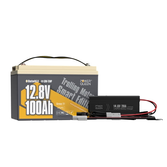 Power Queen 12V 100Ah Low Temp Bluetooth Lithium Battery with 14.6V 20A LiFePO4 Charger
